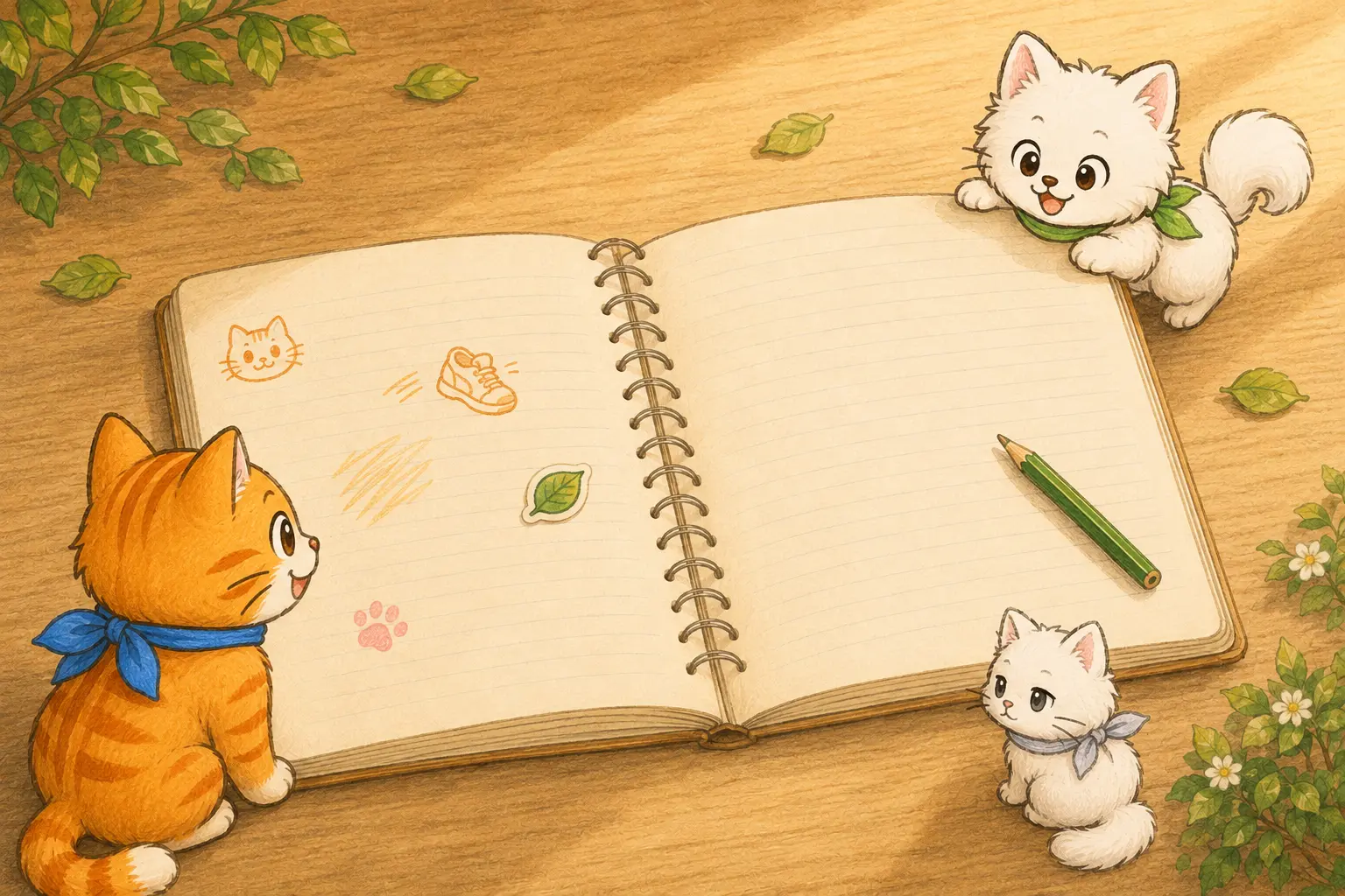 แมวส้มอยู่ข้างหน้าที่เขียนแล้ว ปอมขาวมาถึงหน้าว่างที่เปิดรอไว้